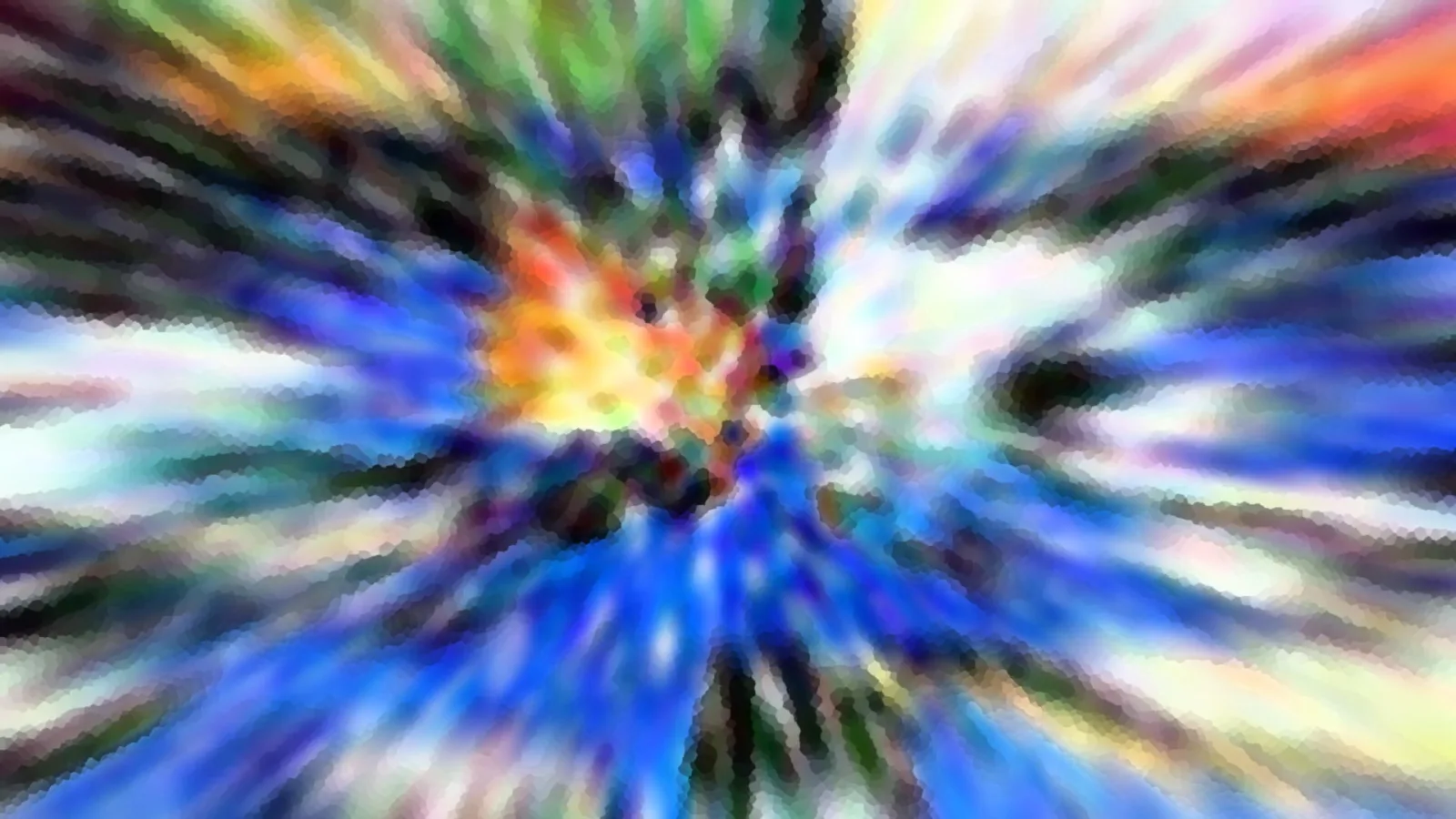 Abstrakte Komposition aus radial von der Mitte nach außen verlaufenden Streifen in Blau, Grün, Gelb und Orange, unscharf und verwischt.