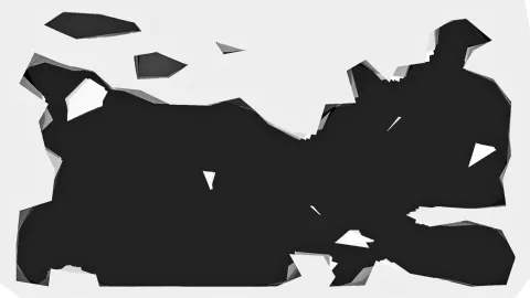 Große schwarze, unregelmäßig geformte Fläche auf hellgrauem Hintergrund, am oberen Rand verteilen sich kleinere schwarze Fragmente.