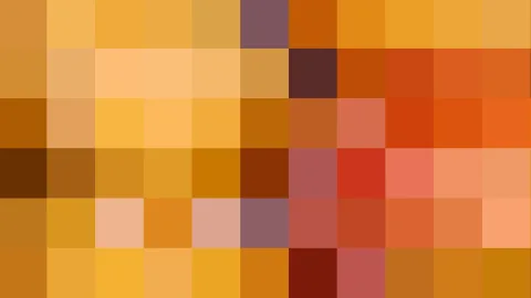 Raster aus quadratischen Pixelblöcken in Orange, Gelb, Rot und Braun mit einzelnen violetten und rosa Feldern