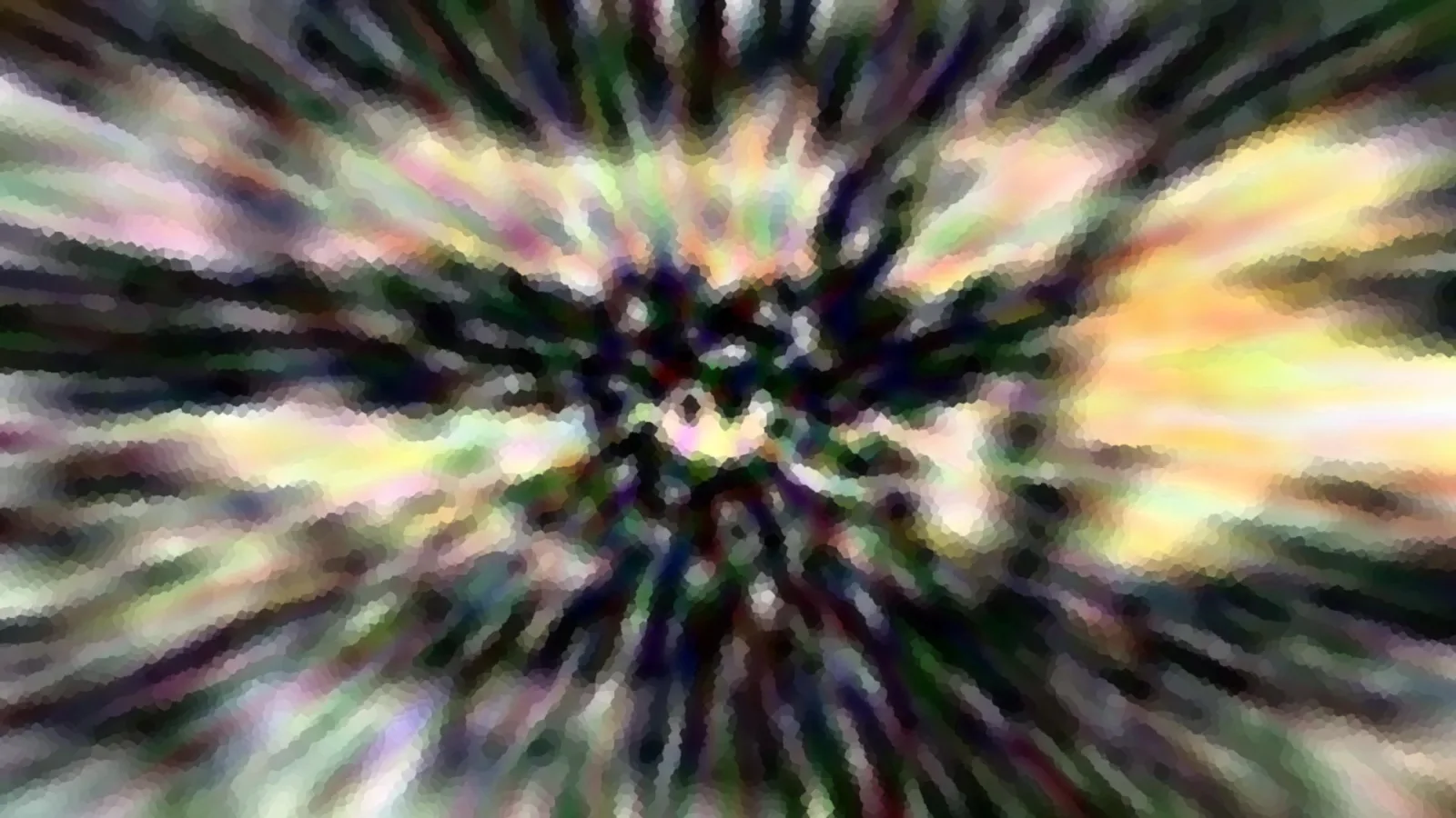 Abstraktes Bild mit radialen Schlieren in Grün, Gelb, Rosa und Dunkelblau, die von einem dunklen Zentrum nach außen laufen.