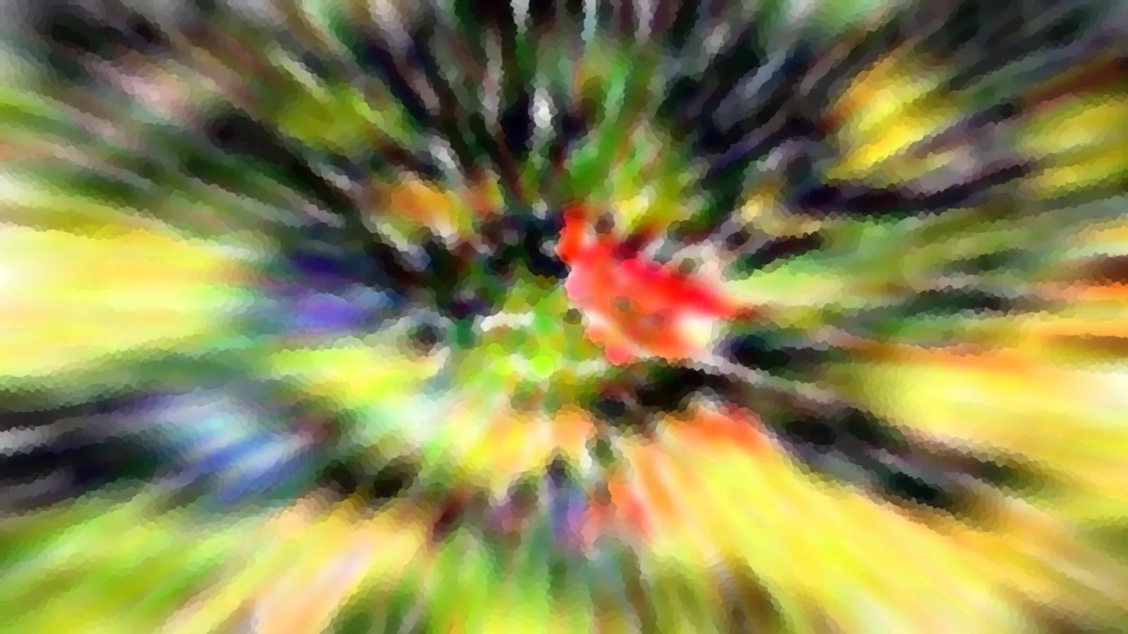 Abstraktes Bild mit radial verlaufenden Streifen in Gelb, Grün, Violett und Schwarz, in der Mitte ein roter Fleck.