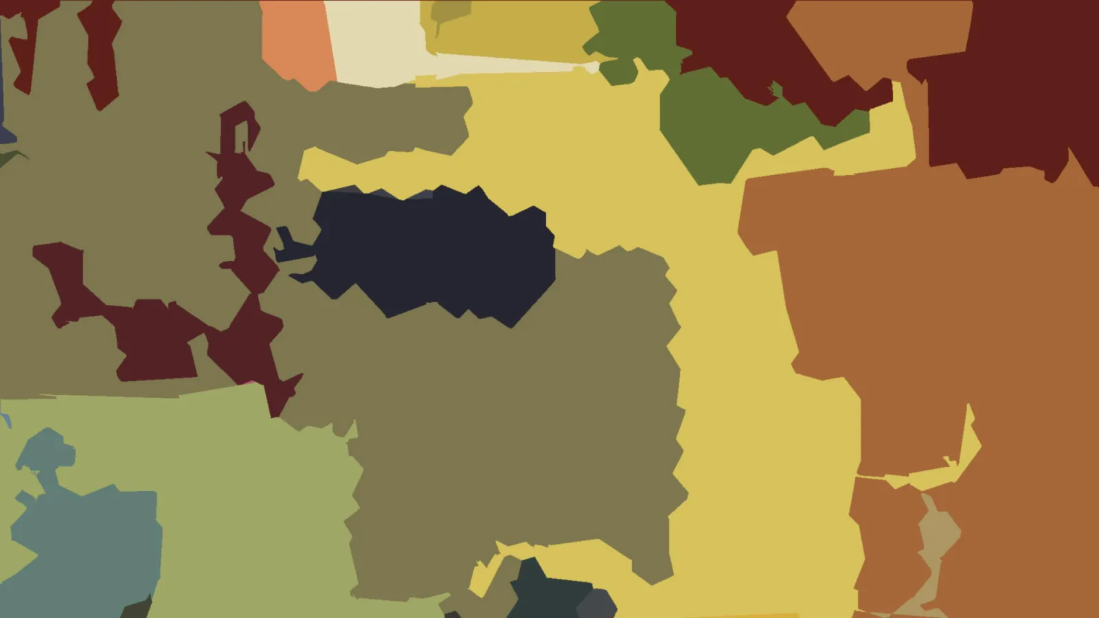 Abstrakte Komposition aus unregelmäßigen Farbflächen in Olivgrün, Ockergelb, Rostrot, Dunkelrot und Marineblau.