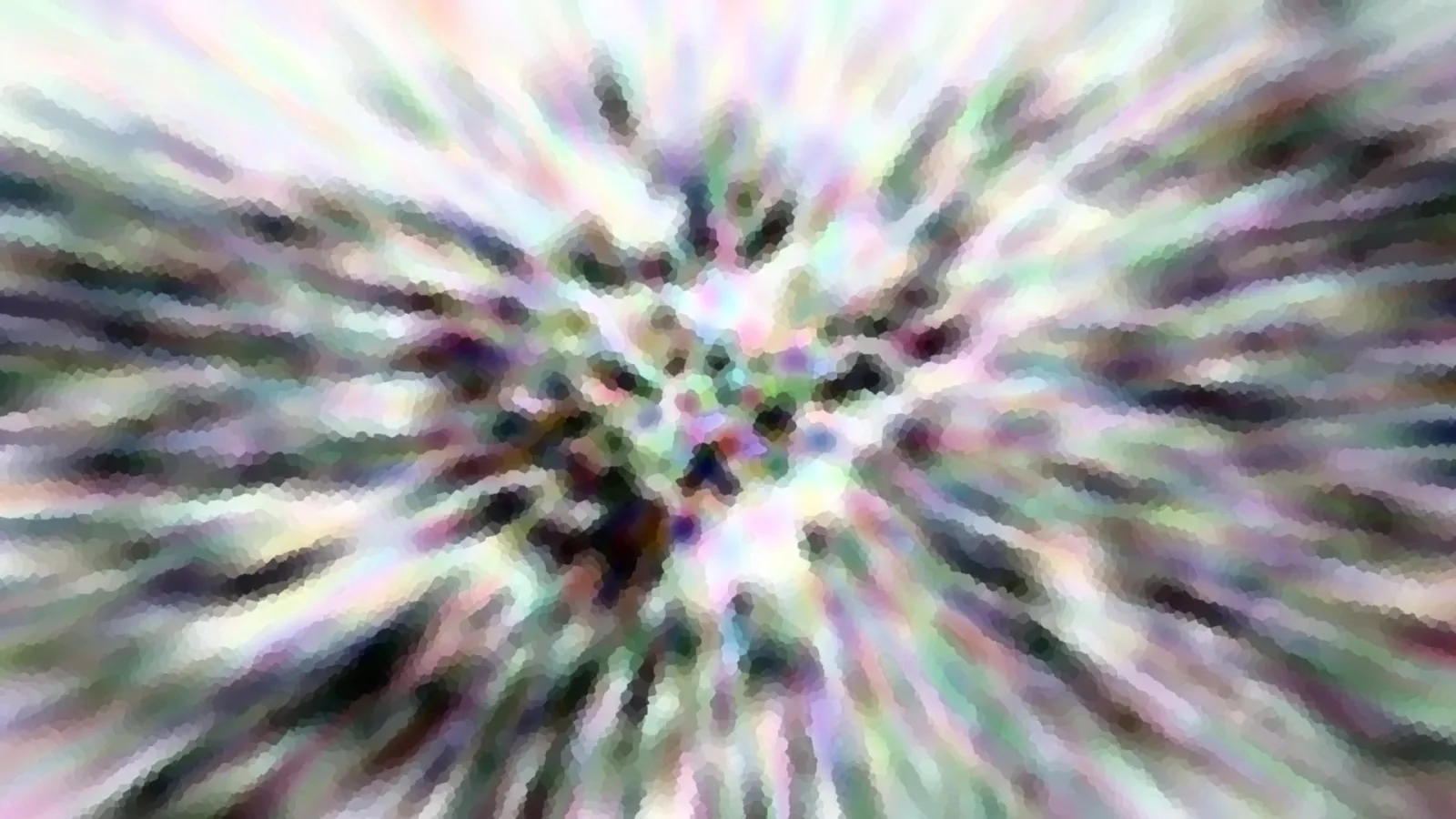 Abstraktes Bild mit radial von der Mitte nach außen laufenden, verwischten Schlieren in Pastellfarben, Weiß, Grün und Dunkelviolett, die Mitte ist unscharf mit kleinen Farbflecken.
