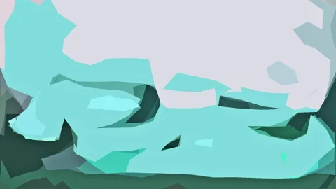 Abstrakte Komposition aus türkisen, mintgrünen und dunkelgrünen Polygonen vor hellgrauem Hintergrund