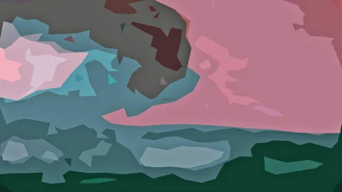 Abstrakte Komposition aus unregelmäßigen Flächen in Rosa, Petrol, Grau und Dunkelgrün, mit dunkelroten Akzenten oben in der Mitte.
