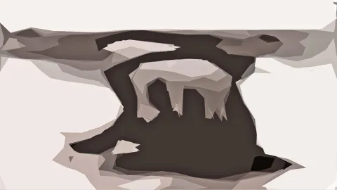 Abstrakte Komposition in Grau- und Brauntönen auf weißem Grund: eine dunkle, höhlenartige Form mit hellen, kantigen Flächen oben und in der Mitte.