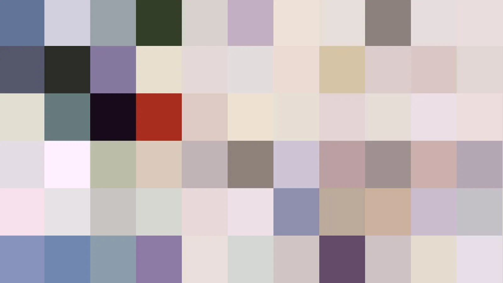 Mosaik aus kleinen, farbigen Quadraten in Pastelltönen von Blau, Grau, Rosa und Dunkelgrün.