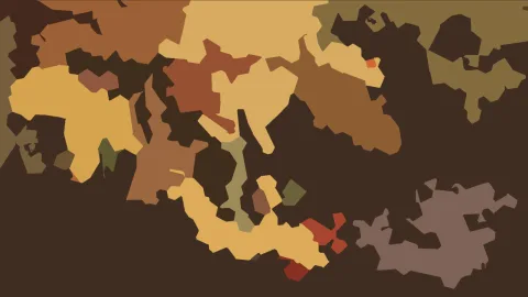 Abstrakte Komposition aus unregelmäßigen, gezackten Flächen in Ocker, Braun, Oliv und Rot auf dunklem Braun.