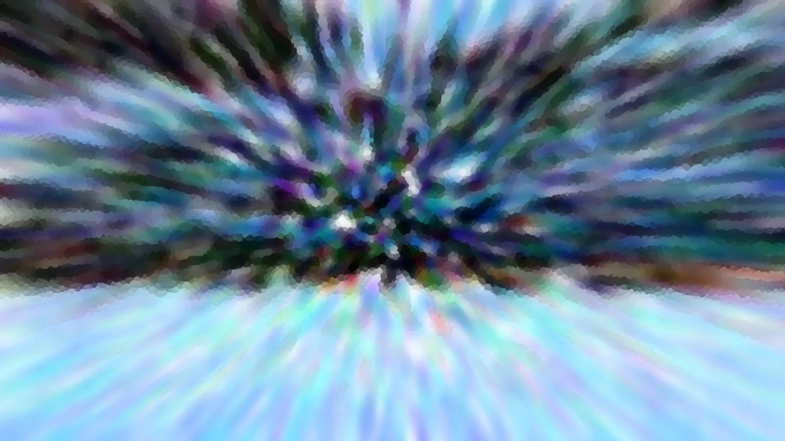 Abstrakte Komposition mit radialer Unschärfe in Blau, Türkis und Violett, die vom dunklen Zentrum nach außen strahlt, unten hell ausgeleuchtet.