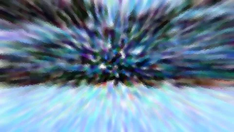 Abstrakte Komposition mit radialer Unschärfe in Blau, Türkis und Violett, die vom dunklen Zentrum nach außen strahlt, unten hell ausgeleuchtet.