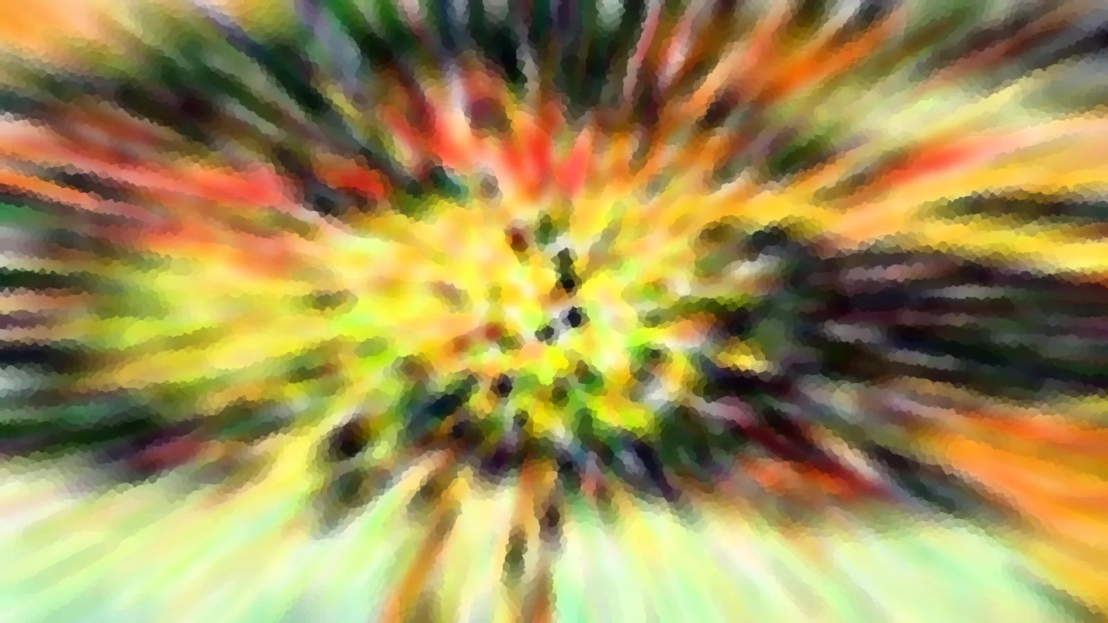 Abstrakte Komposition aus radial verwischten gelben, grünen, orangefarbenen und roten Streifen mit mosaikartigem Muster