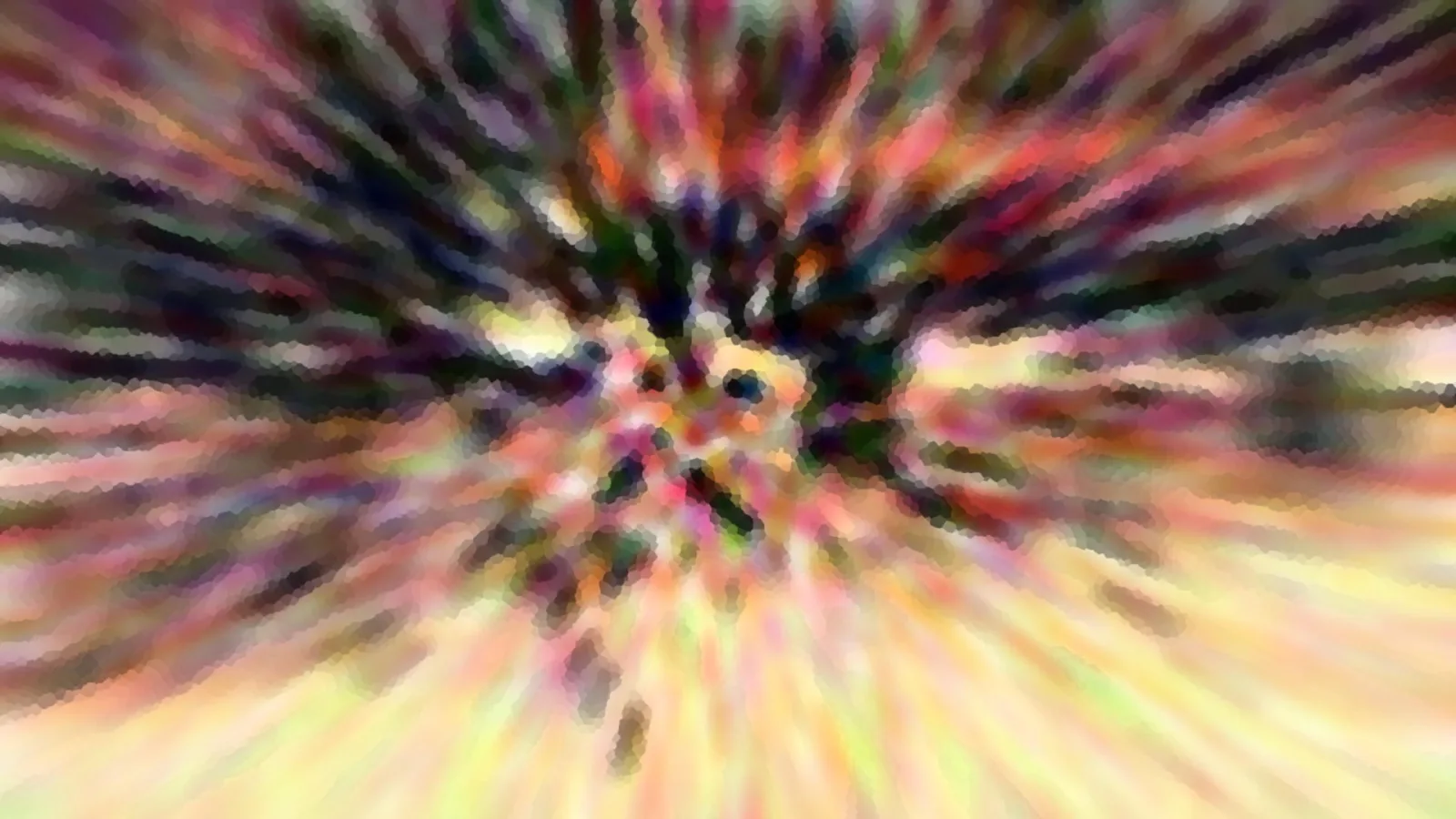 Abstrakte Komposition aus radial verlaufenden, verwischten Streifen in Pink, Orange, Gelb und Dunkelgrün, die von einem dunklen Zentrum nach außen strahlen.