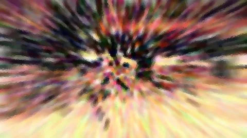 Abstrakte Komposition aus radial verlaufenden, verwischten Streifen in Pink, Orange, Gelb und Dunkelgrün, die von einem dunklen Zentrum nach außen strahlen.