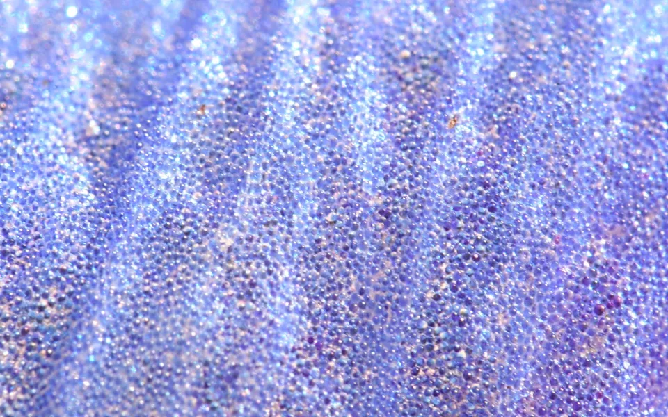 Nahaufnahme einer blau-violetten Oberfläche mit dicht stehenden kleinen Noppen und glänzenden Reflexen.
