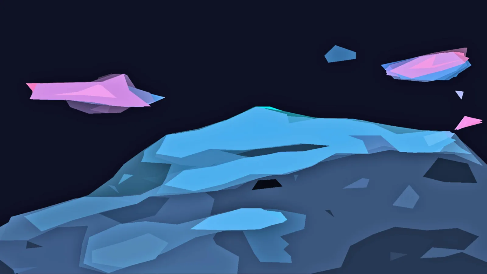 Digitale Low-Poly-Landschaft: ein blau schattierter Felsrücken vor dunkelblauem Nachthimmel, darüber drei pinkfarbene und blaue schwebende Polygonformen.