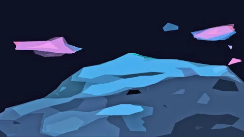 Digitale Low-Poly-Landschaft: ein blau schattierter Felsrücken vor dunkelblauem Nachthimmel, darüber drei pinkfarbene und blaue schwebende Polygonformen.