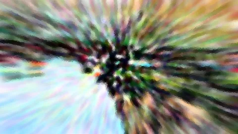 Abstrakte, radial verwischte Farbstreifen mit pixeligem Mosaikmuster, im Zentrum ein dunkler Knoten, links eine helle bläuliche Fläche.
