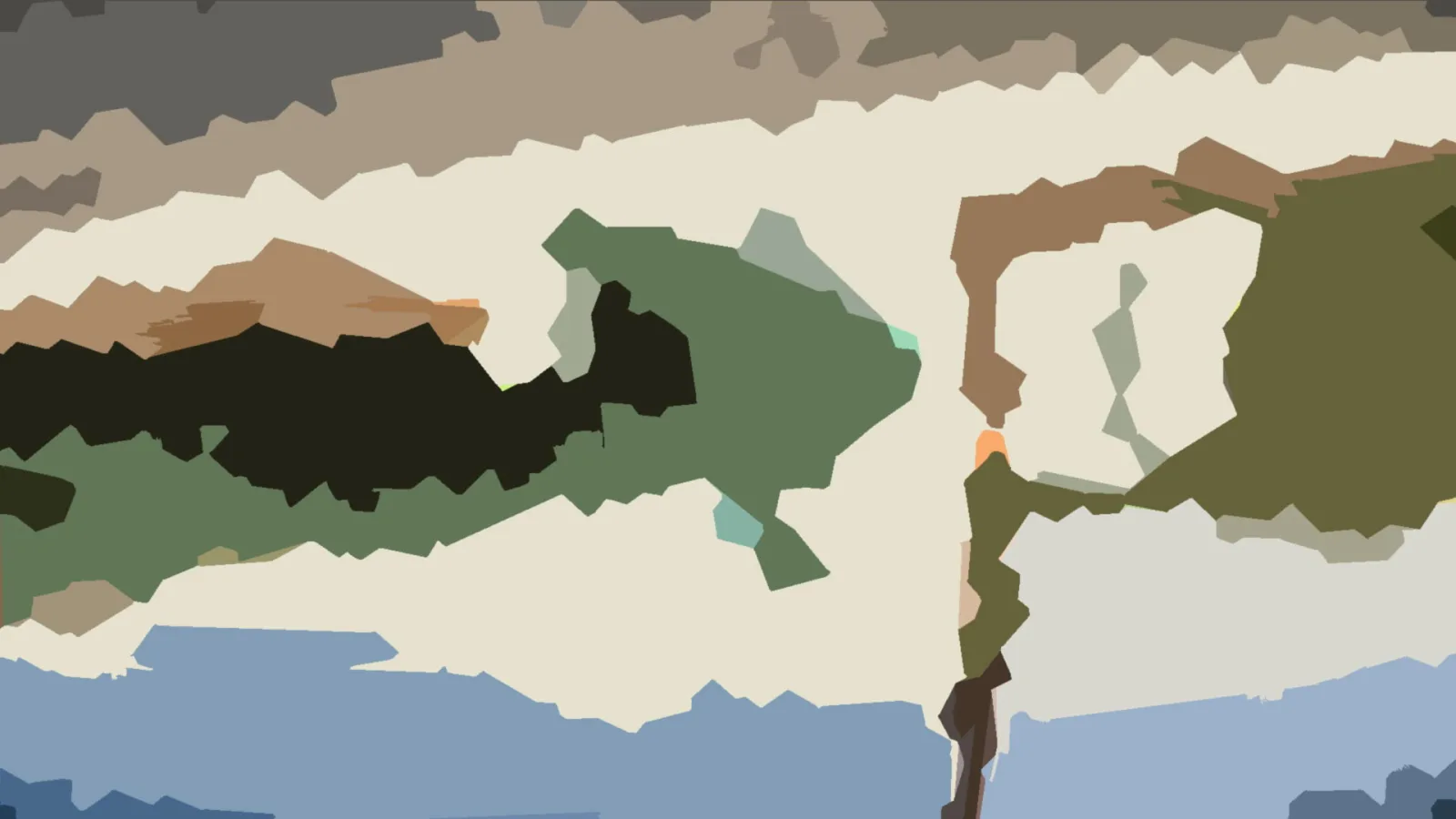 Abstrakte Komposition aus kantigen Flächen in Grün, Beige, Braun und Blau, mit einer dunklen Zone links und einer hellen Fläche in der Mitte.