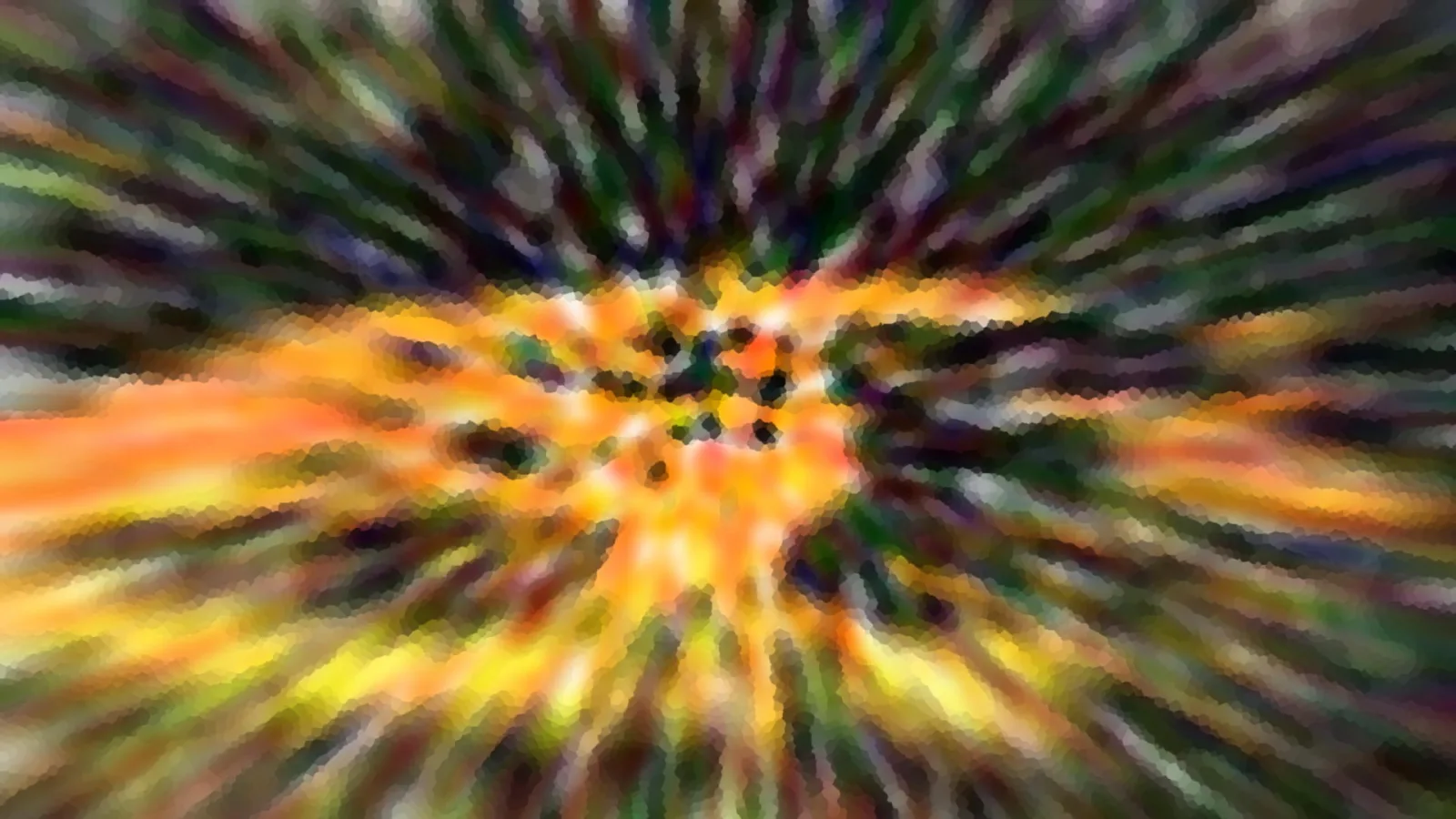 Abstraktes Bild mit radial verlaufenden Streifen in Orange, Gelb und Grün, im Zentrum dunkle Punkte, mosaikartige Körnung.