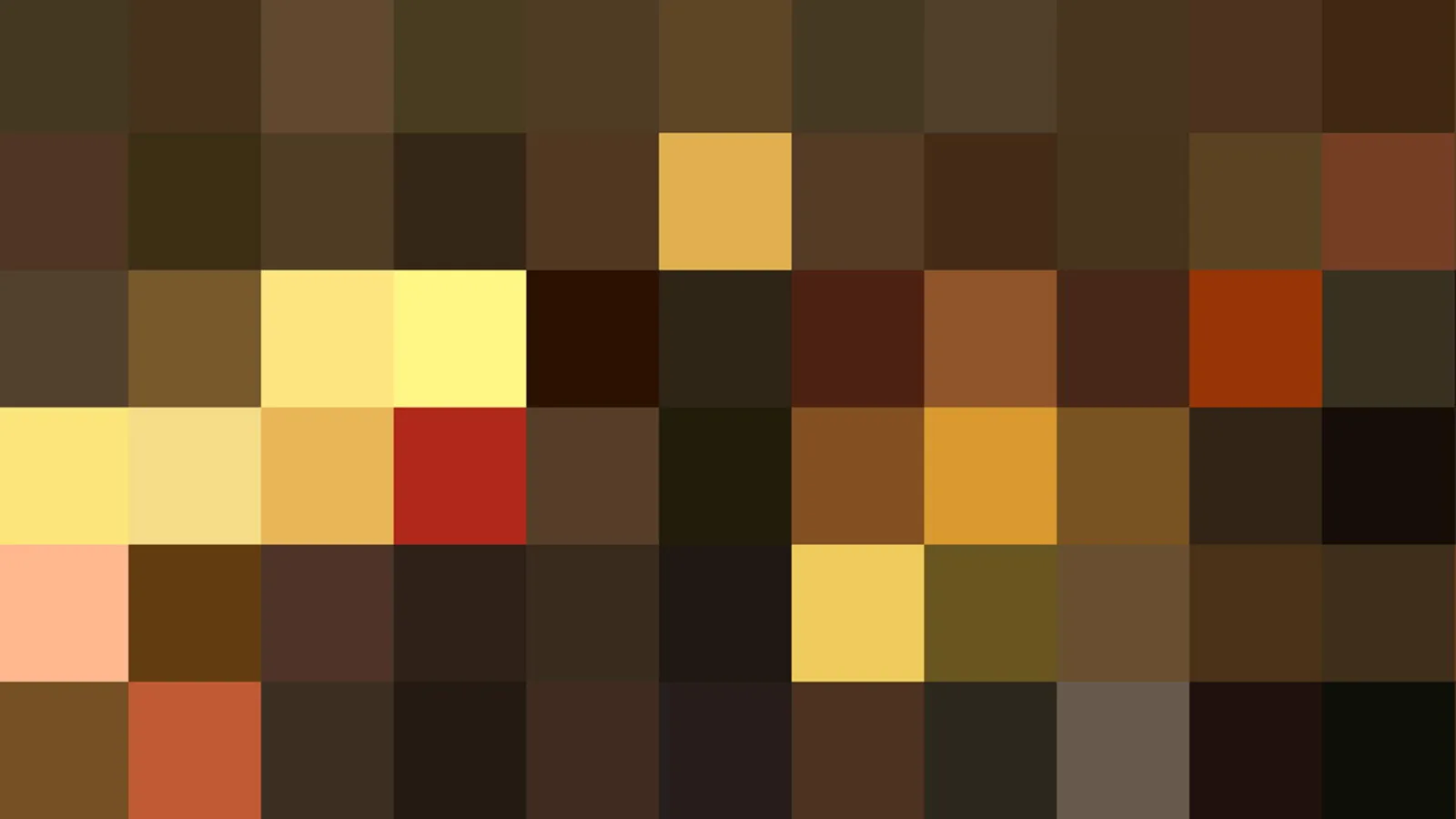 Mosaik aus quadratischen Pixelblöcken in Braun-, Ocker- und Gelbtönen, dazwischen ein leuchtend roter Block und ein heller Gelbblock.