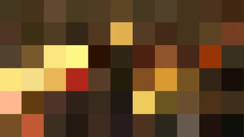 Mosaik aus quadratischen Pixelblöcken in Braun-, Ocker- und Gelbtönen, dazwischen ein leuchtend roter Block und ein heller Gelbblock.