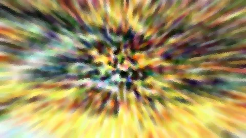 Abstraktes Bild mit bunten Streifen in Gelb, Grün, Violett und Orange, die radial von der Bildmitte nach außen ausstrahlen.