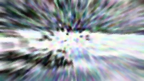 Abstrakte Komposition mit radial verlaufenden Schlieren in Grün, Violett und Weiß, im Zentrum hell und pixelig, außen dunkler.