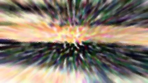 Abstrakte, radial verwischte Farbstrahlen in Gelb, Rosa und Grün, die von einem hellen Zentrum in der Bildmitte ausgehen, darunter eine dunkle Horizontlinie.