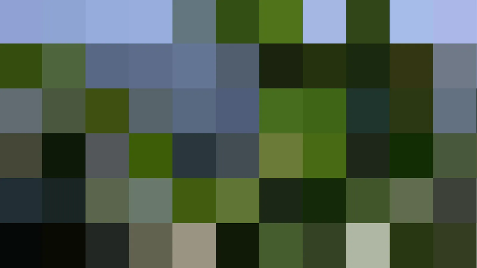 Quadratisches Farbmosaik aus blauen, grünen und dunklen Blöcken in einem Raster.