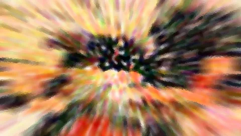 Abstrakte Komposition aus radial verwischten Farbstreifen in Gelb, Orange, Rot und Grün, im Zentrum ein dunkler Cluster aus kleinen Punkten.