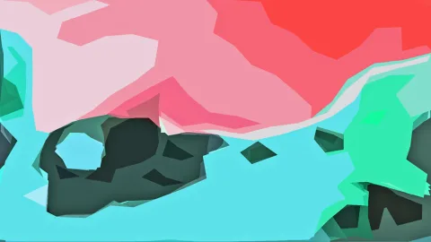 Abstrakte Komposition aus scharfkantigen Flächen in Rosa, Rot, Türkis, Mintgrün und dunklem Grün