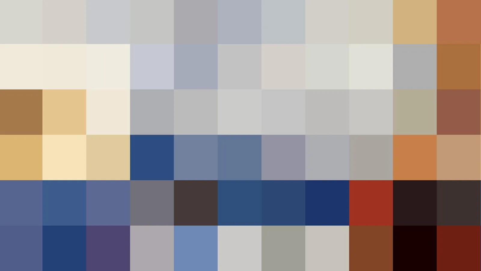 Mosaik aus quadratischen Farbfeldern in Grau, Beige, Blau, Ocker und Dunkelrot, ohne erkennbares Motiv.
