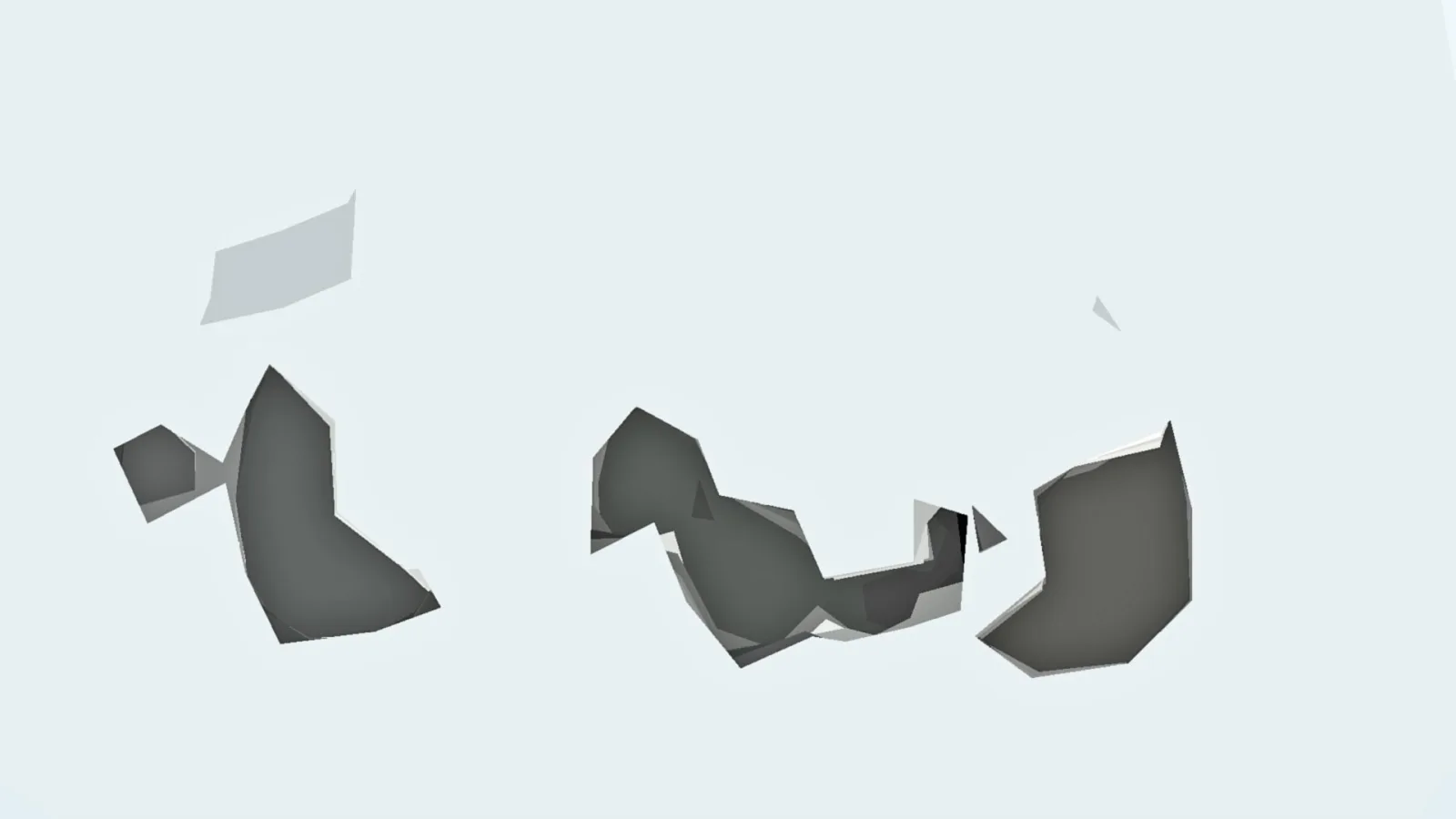 Dunkle, kantige 3D-Formen treiben auf einem hellgrauen Hintergrund, einige kleinere helle Fragmente liegen darüber.