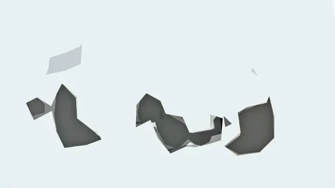 Dunkle, kantige 3D-Formen treiben auf einem hellgrauen Hintergrund, einige kleinere helle Fragmente liegen darüber.
