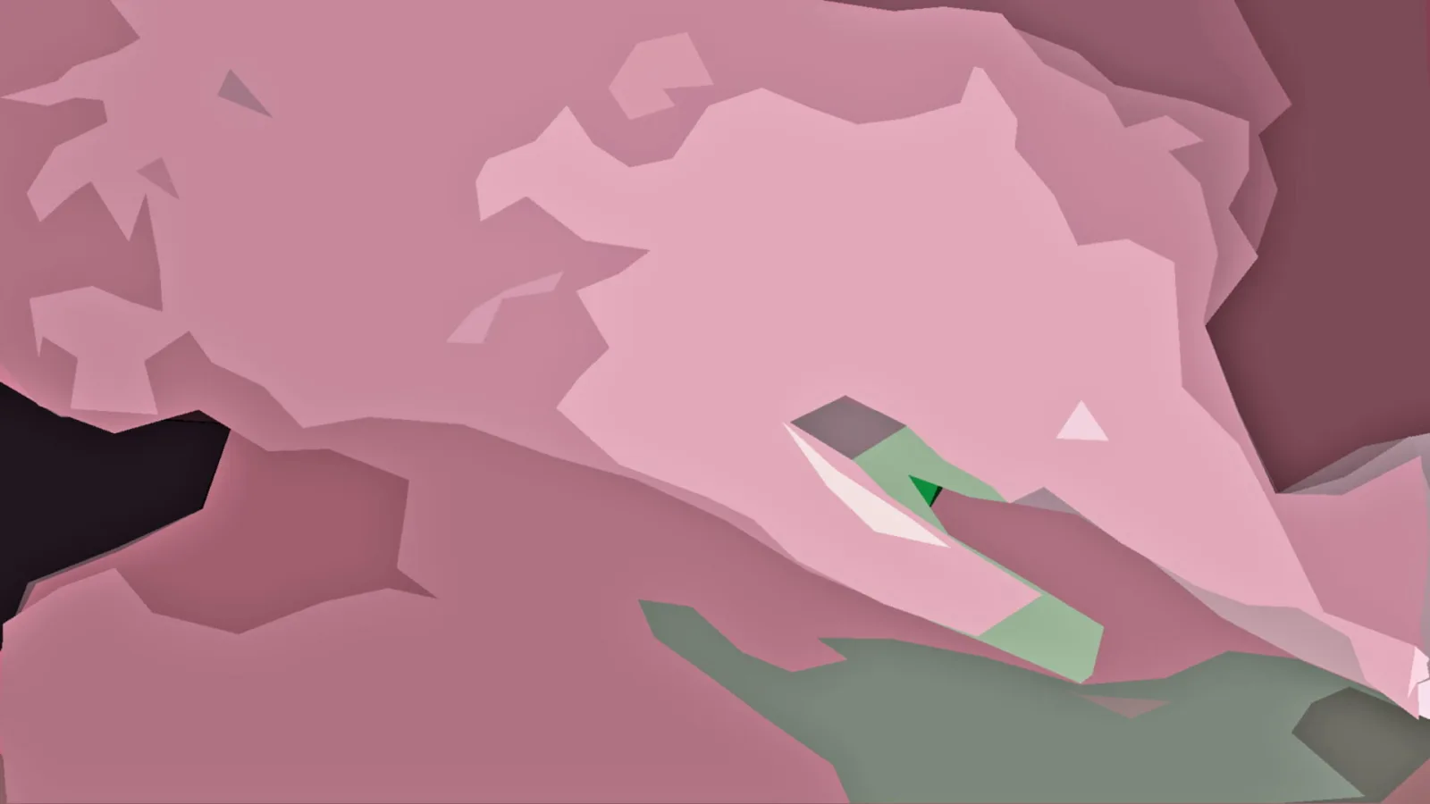 Abstrakte Komposition aus rosa, mauvefarbenen und dunkelgrünen flächigen Formen mit einem schmalen grünen Keil in der Bildmitte.