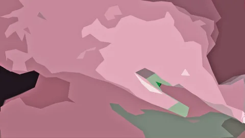 Abstrakte Komposition aus rosa, mauvefarbenen und dunkelgrünen flächigen Formen mit einem schmalen grünen Keil in der Bildmitte.