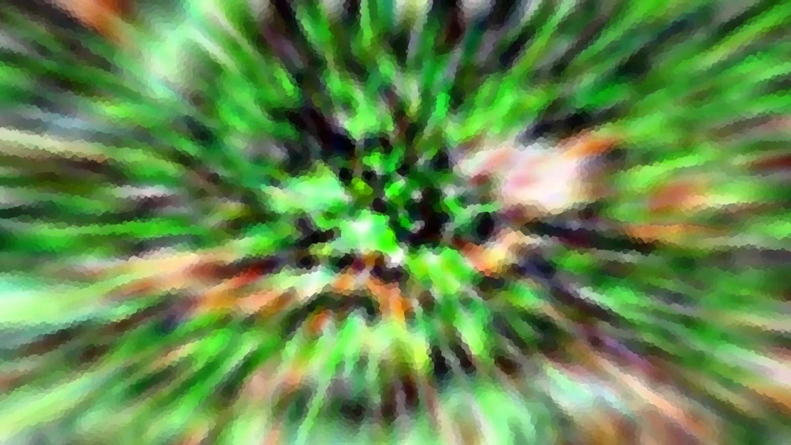 Abstrakte Komposition aus grünen, schwarzen und rötlich-braunen Schlieren, die radial von einem dunklen Zentrum nach außen strahlen.