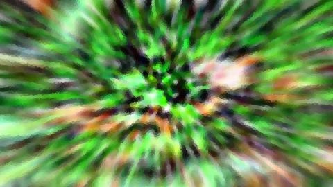 Abstrakte Komposition aus grünen, schwarzen und rötlich-braunen Schlieren, die radial von einem dunklen Zentrum nach außen strahlen.