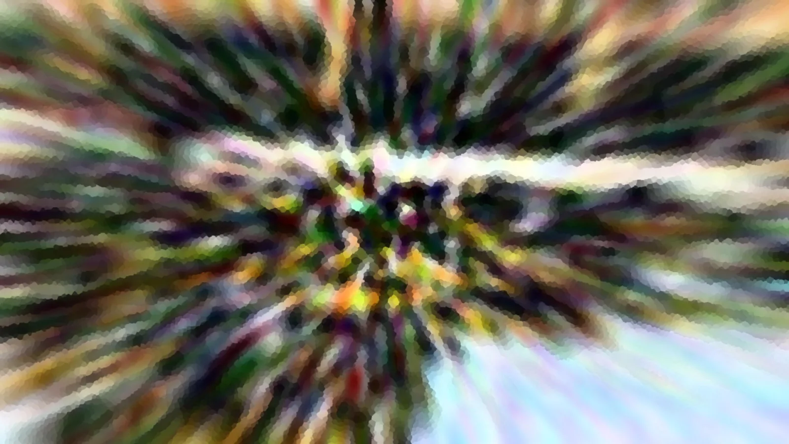 Abstrakte Komposition aus bunten, radial verwischten Farbstrahlen mit pixeliger Struktur, im Zentrum Grün und Gelb, unten rechts eine helle, bläuliche Fläche.