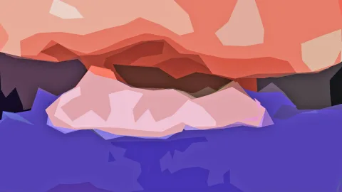 Abstrakte Landschaft aus flächigen Dreiecken: oben orangefarbener Himmel, in der Mitte eine rosafarbene wolkenartige Form, darunter violette Flächen.