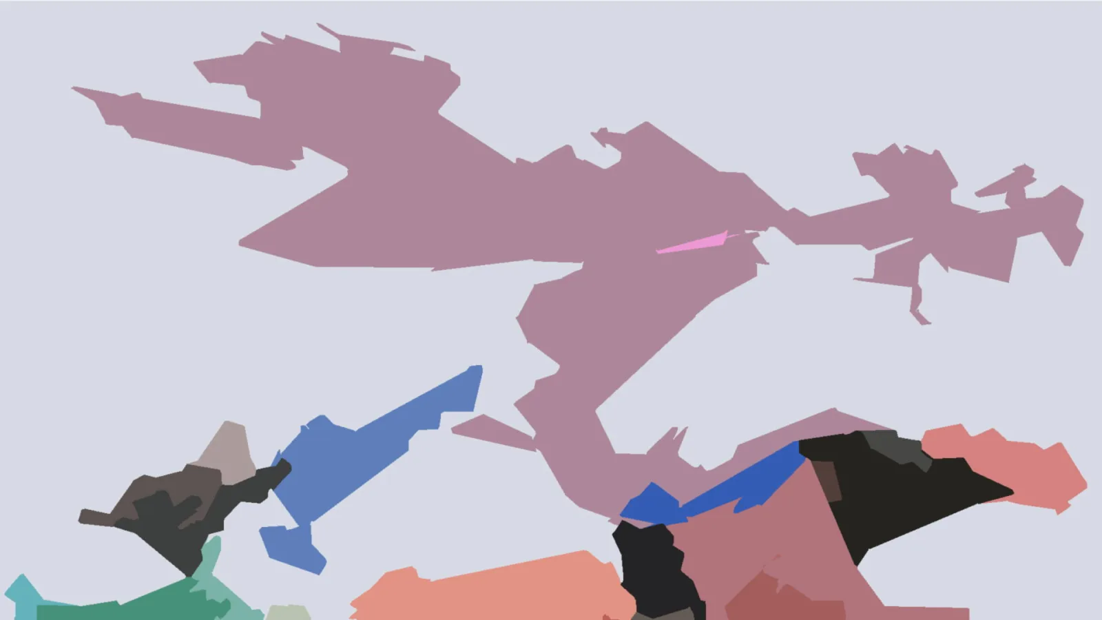 Abstrakte, flächige Formen in Mauve, Blau, Schwarz und Lachsrosa auf hellgrau-lila Hintergrund