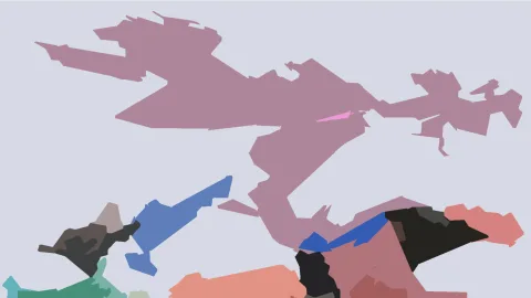 Abstrakte, flächige Formen in Mauve, Blau, Schwarz und Lachsrosa auf hellgrau-lila Hintergrund