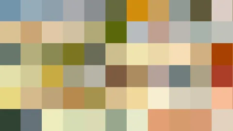 Raster aus farbigen Quadraten in Blau, Beige, Oliv, Gelb und Rot.