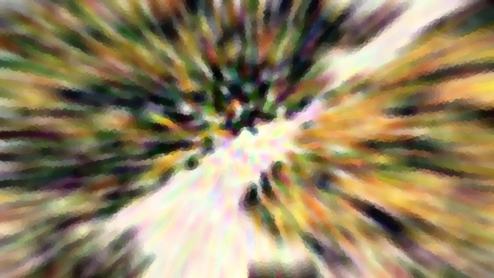 Abstrakte Komposition aus bunten, radial von einem hellen Zentrum ausgehenden Streifen in Grün, Gelb, Rosa und Weiß, mosaikartig verpixelt.