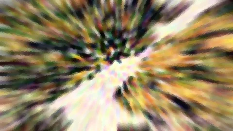 Abstrakte Komposition aus bunten, radial von einem hellen Zentrum ausgehenden Streifen in Grün, Gelb, Rosa und Weiß, mosaikartig verpixelt.