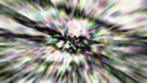 Abstrakte Komposition aus radial von der Mitte nach außen laufenden, pastellfarbenen Streifen mit dunklem, bunt gesprenkeltem Zentrum.