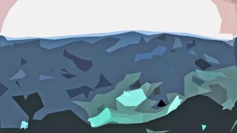 Abstrakte Low-Poly-Komposition aus blaugrauen und mintfarbenen Dreiecksflächen, oben ein heller weißer Bereich mit rosa Ecken.
