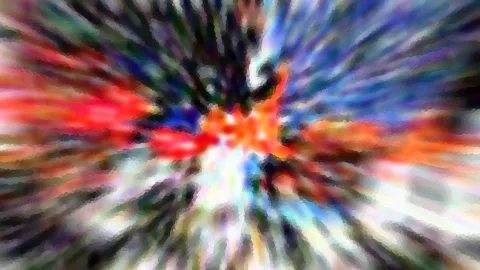 Abstrakte Komposition mit radial von der Mitte ausstrahlenden Streifen in Rot, Orange, Blau und Weiß, die von dunklen Schlieren durchzogen sind.