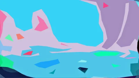 Abstrakte Landschaft aus flachen, farbigen Formen: hellblauer Himmel, lila und rosa Felsen, türkisfarbene Wasserfläche und dunkle Ecken am unteren Rand.