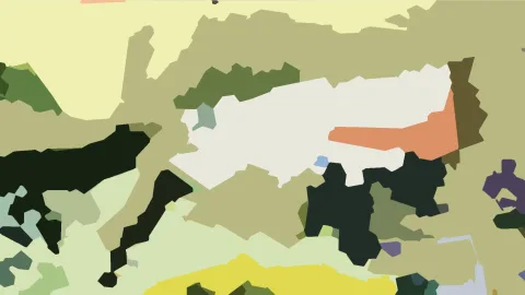Abstrakte Komposition aus unregelmäßigen Farbflächen in Hellgelb, Oliv, Dunkelgrün, Weiß, Orange und Gelb, dazwischen kleine Akzente in Blau und Violett.